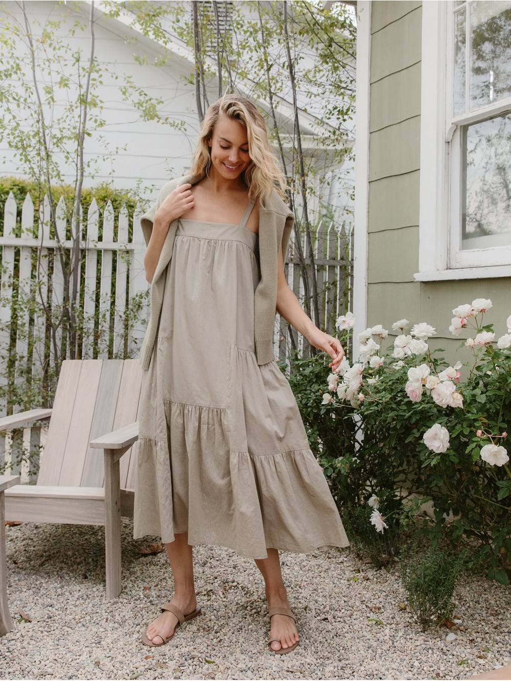 Jenny Kayne Summer Dress Midi/Maxi Tiered Neutral Willow Color XL Luxury Cotton